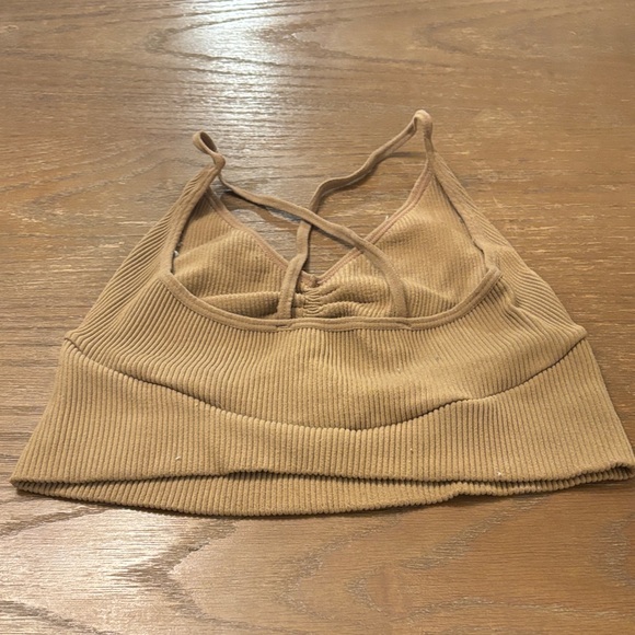 Tan Ribbed Crop Top with Cut-Out Design - Picture 2 of 3